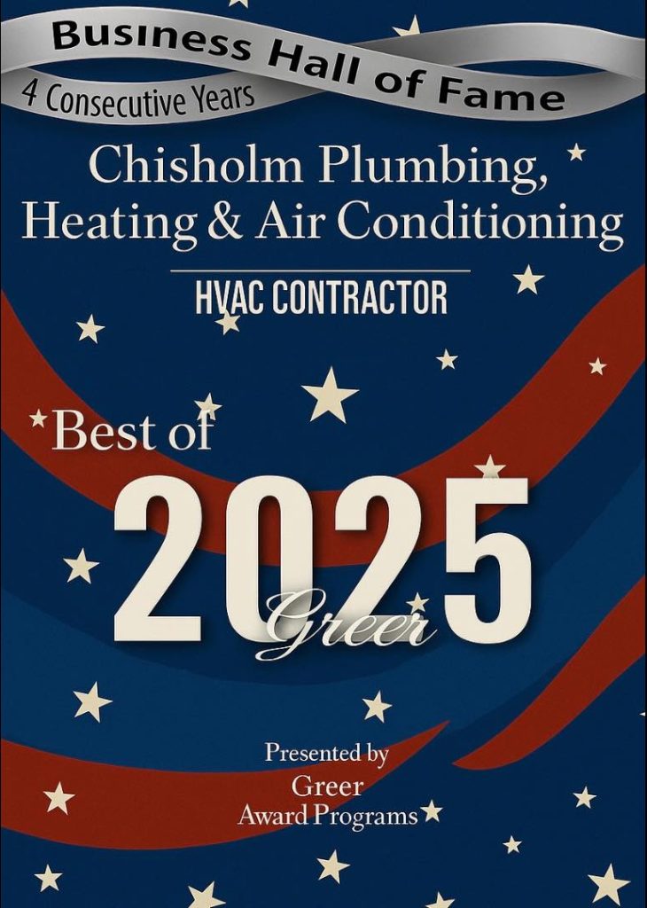 Chisholm Plumbing Hall of Fame award recognizing excellence in Greenville HVAC and plumbing services.